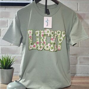 Green T-Shirt with Floral 'LUCKY' Design